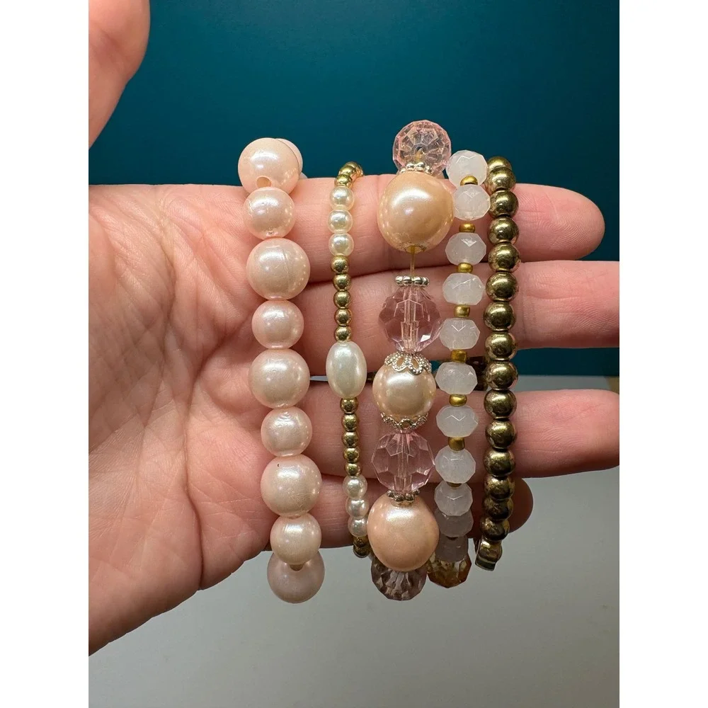 Pink Faux Pearl and Crystal Beaded Stretch Bracelet Set Gold Tone Heart 5 Piece